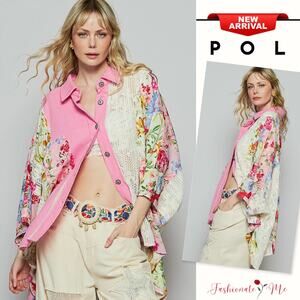 POL Floral Pattern Thermal and Crochet Lace Mix Butonned Oversized Shirt | Pink